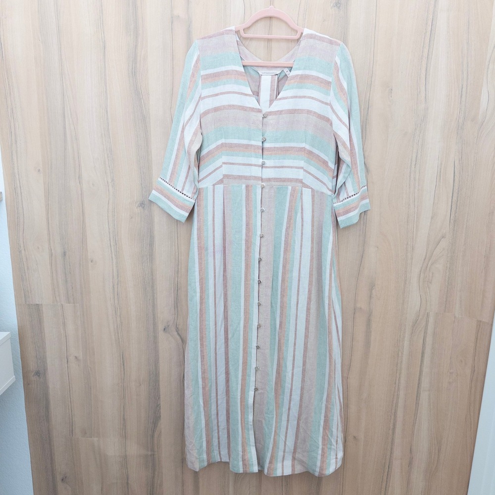 Soft Surroundings Linen Midi Dress Size‎ MP Striped Button Front Boho Coastal